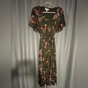 CJ Banks Olive Floral Midi Dress